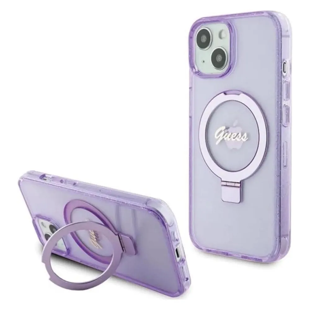 Guess GUHMP15MHRSGSU iPhone 15 Plus 6.7" fioletowy/purple hardcase Ring Stand Script Glitter MagSafe