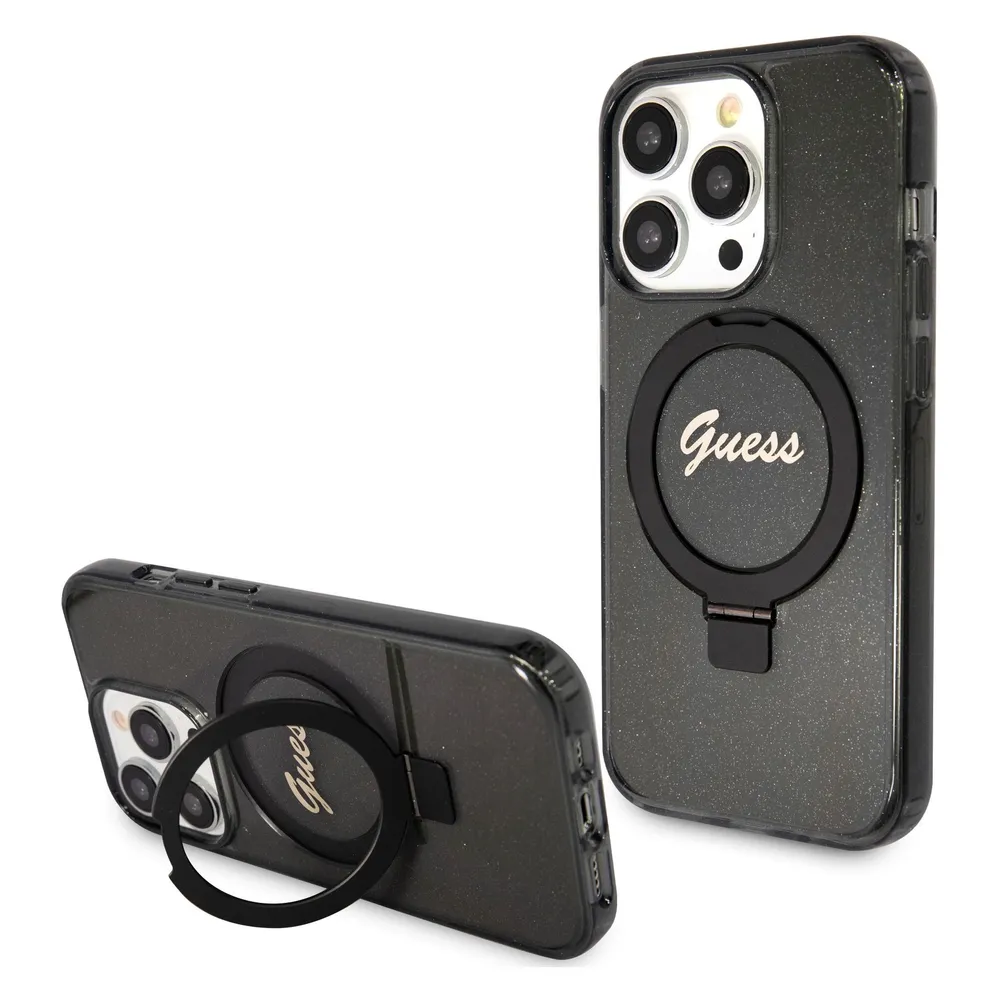 Guess GUHMP15XHRSGSK iPhone 15 Pro Max 6.7" czarny/black hardcase Ring Stand Script Glitter MagSafe