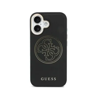 Guess Hülle Lederoptik Logo Perforiert Schwarz MagSafe Kompatibel für iPhone 17