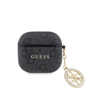 AirPods Hülle Guess 4G Schwarz Kunstleder Logo Charm Strass Elegant