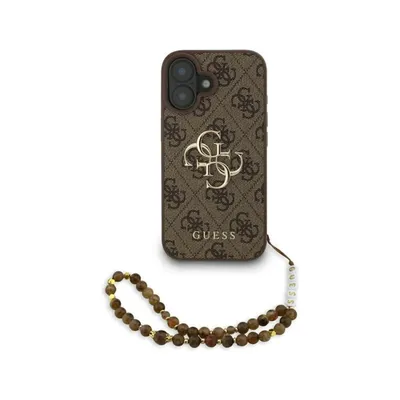 Handyhülle Guess Kunstleder Braun 4G Logo Perlenband für iPhone 16