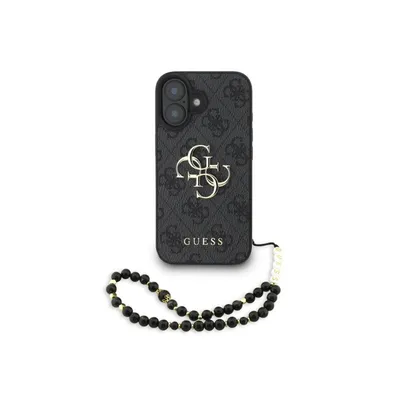Handyhülle Guess Kunstleder Schwarz 4G Logo Perlenband für iPhone 16