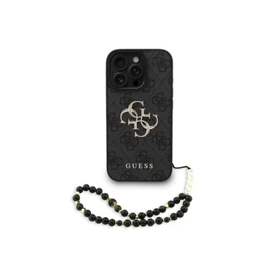 Handyhülle Guess Kunstleder Schwarz 4G Logo Perlenband für iPhone 16 Pro Max