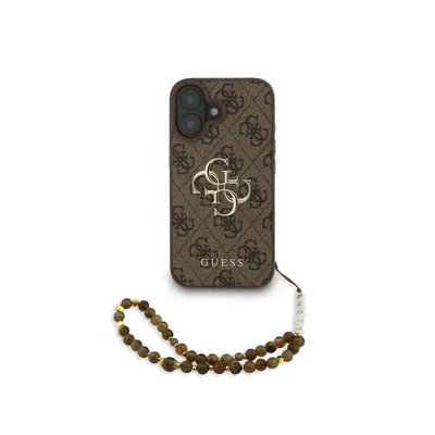 Handyhülle Guess Kunstleder Braun 4G Logo Perlenband für iPhone 16 Plus