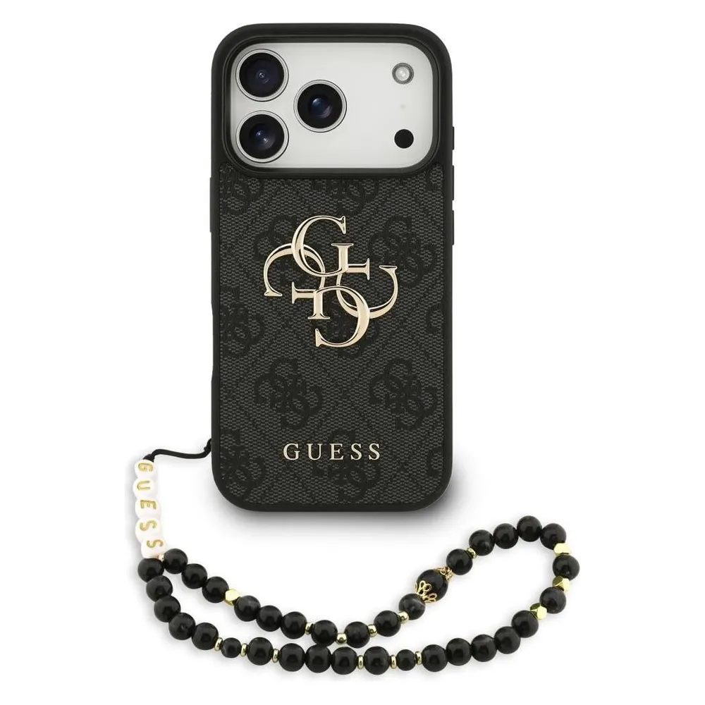 Handyhülle Guess Kunstleder Schwarz 4G Logo Perlenband für iPhone 17 Pro Max