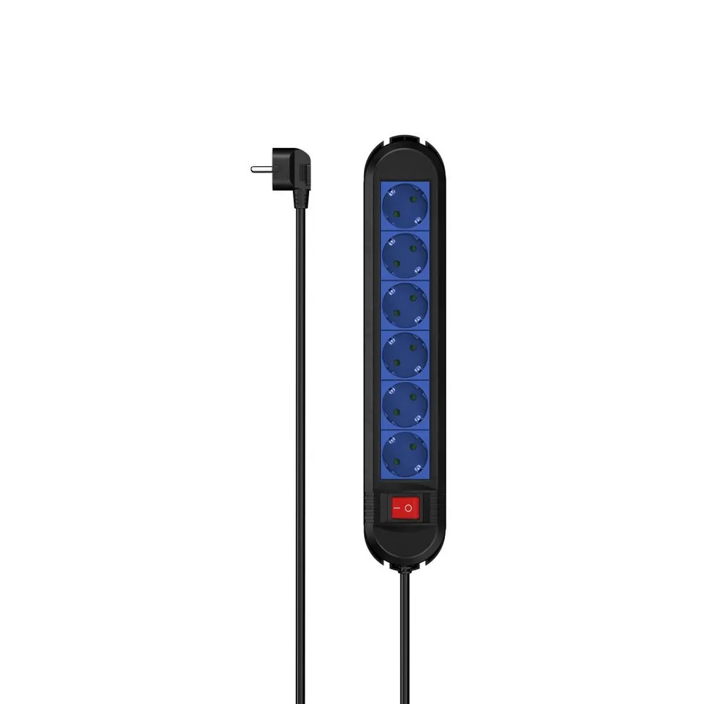 Steckdosenleiste, 6-fach, Schalter, Wandmontage, 1,5 m, Schwarz/Blau (00223040)