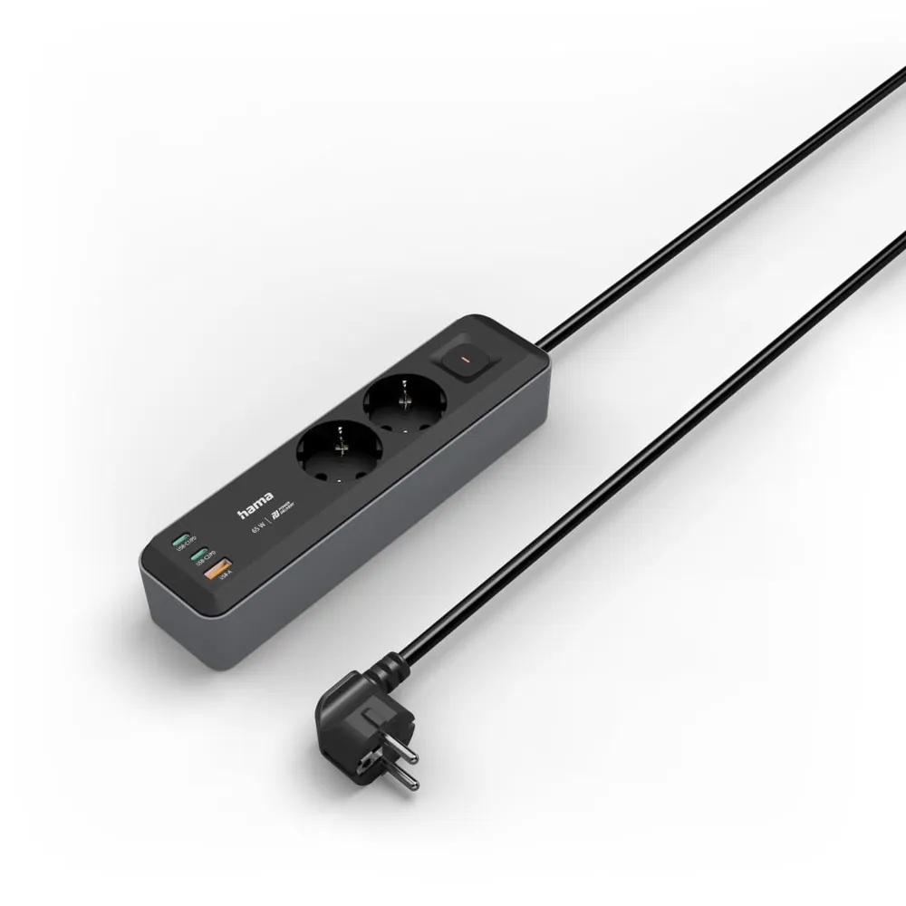 Steckdosenleiste, 2-fach, USB-C/A 65W, PD, Schalter, 1,4 m, Schwarz/Grau (00223193)