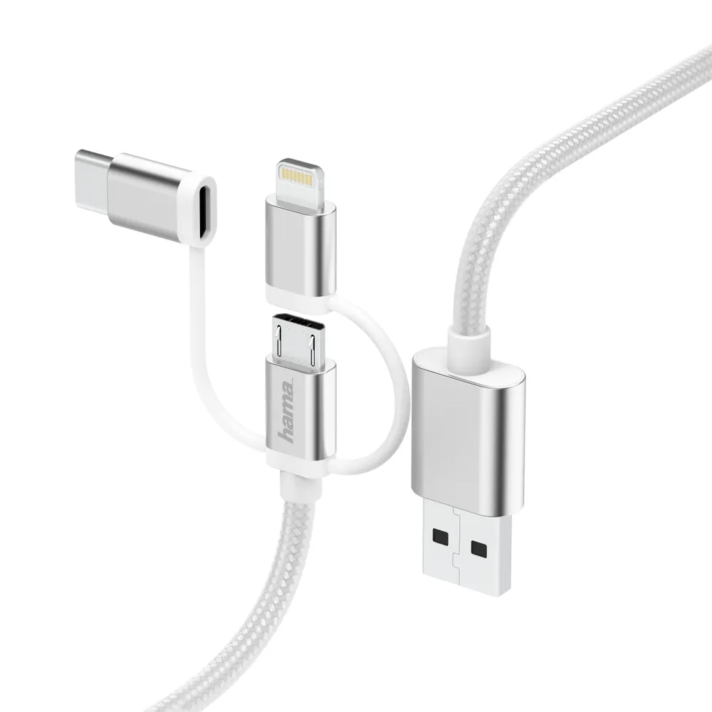 3in1-Micro-USB-Kabel mit Adapter auf USB-Type-C u. Lightning, 0,2m, Weiß (00183306)