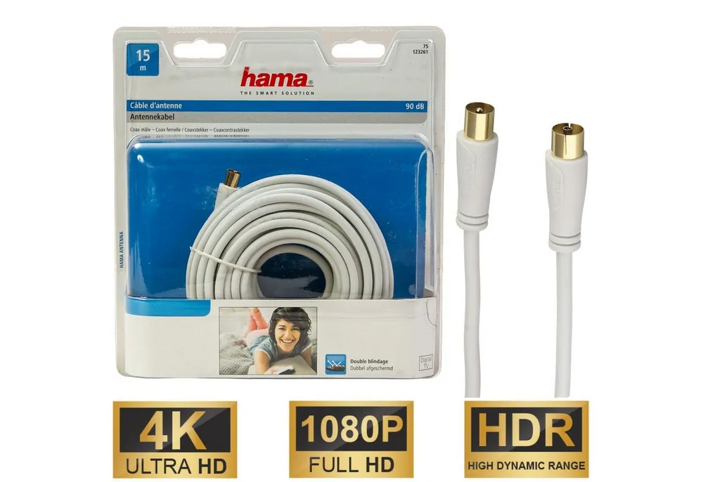 Hama 15m Antennen-Kabel 90db Koaxial-Kabel Weiß Video-Kabel, Koaxial, Koaxial (1500 cm), Koax-Kabel Full HD TV 4K UHD HD+ HDR 90db Schirmung