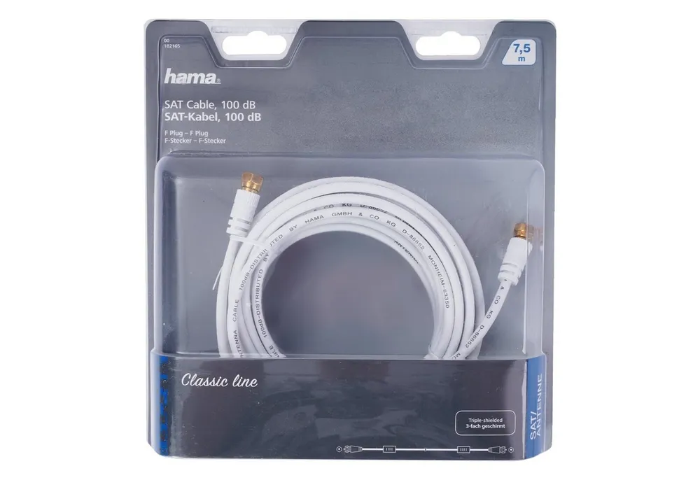 Hama 7,5m Sat-Kabel 100dB 4K HD TV Antennen-Kabel Video-Kabel, F-Stecker, Kein (750 cm), 7,5m, für TV etc, 100 db 3-Fach geschirmt, Koaxial-Kabel mit F-Stecker