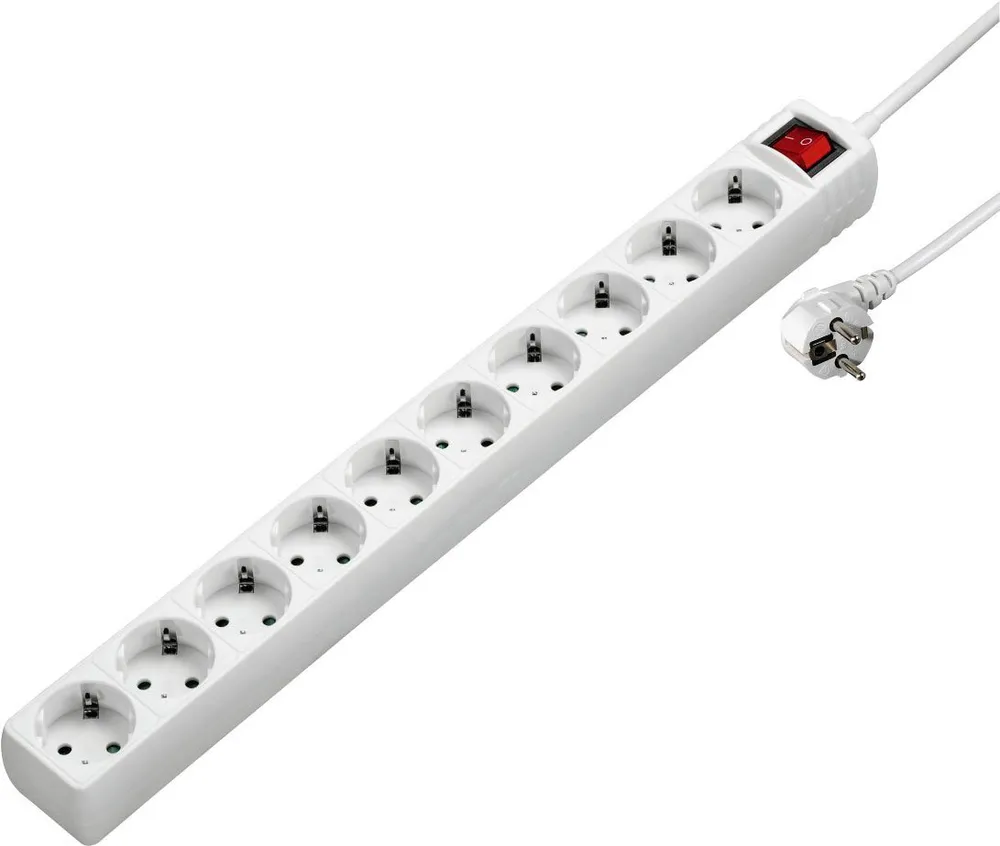 Hama Mehrfachstecker, 10-fach, mit Schalter, 3,0m, weiß Steckdosenleiste 10-fach (Ein- / Ausschalter, Schalterbeleuchtung, Kabellänge 3 m)