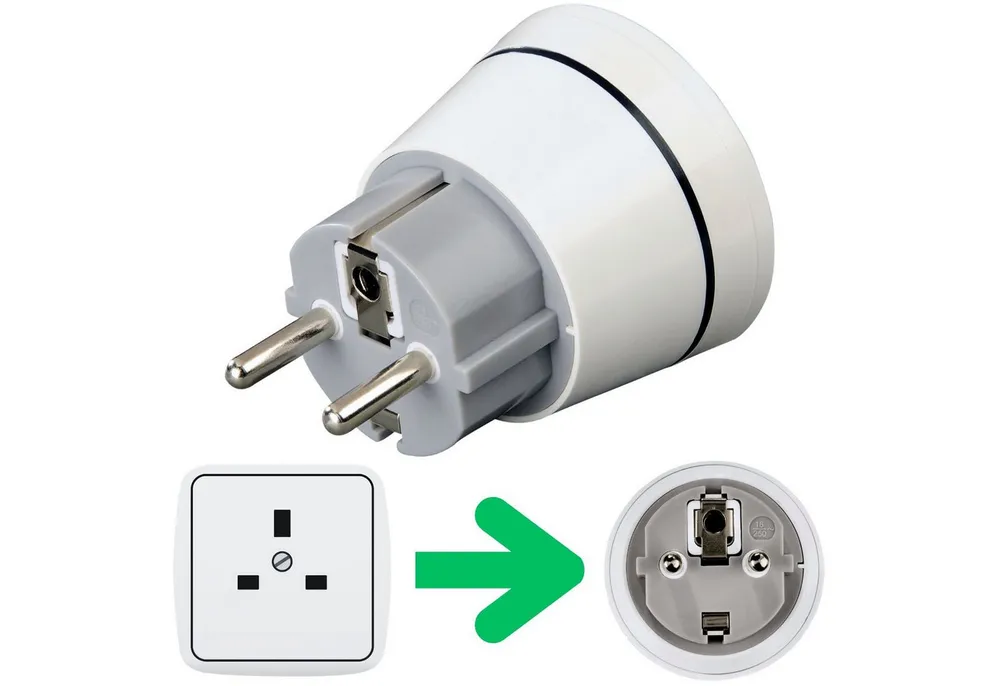 Hama Reise-Stecker Strom-Adapter UK auf DE EU Weiß Stromadapter Typ E, Typ F zu Typ G, UK England Steckdose Dubai Typ G auf Deutschland DE EU Stecker Typ F