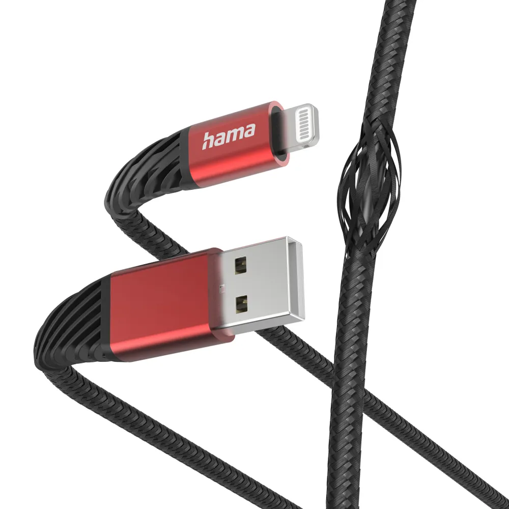 "Ladekabel ""Extreme"", USB-A - Lightning, 1,5 m, Nylon, f. iPhone, Schw./Rot (00201538)"
