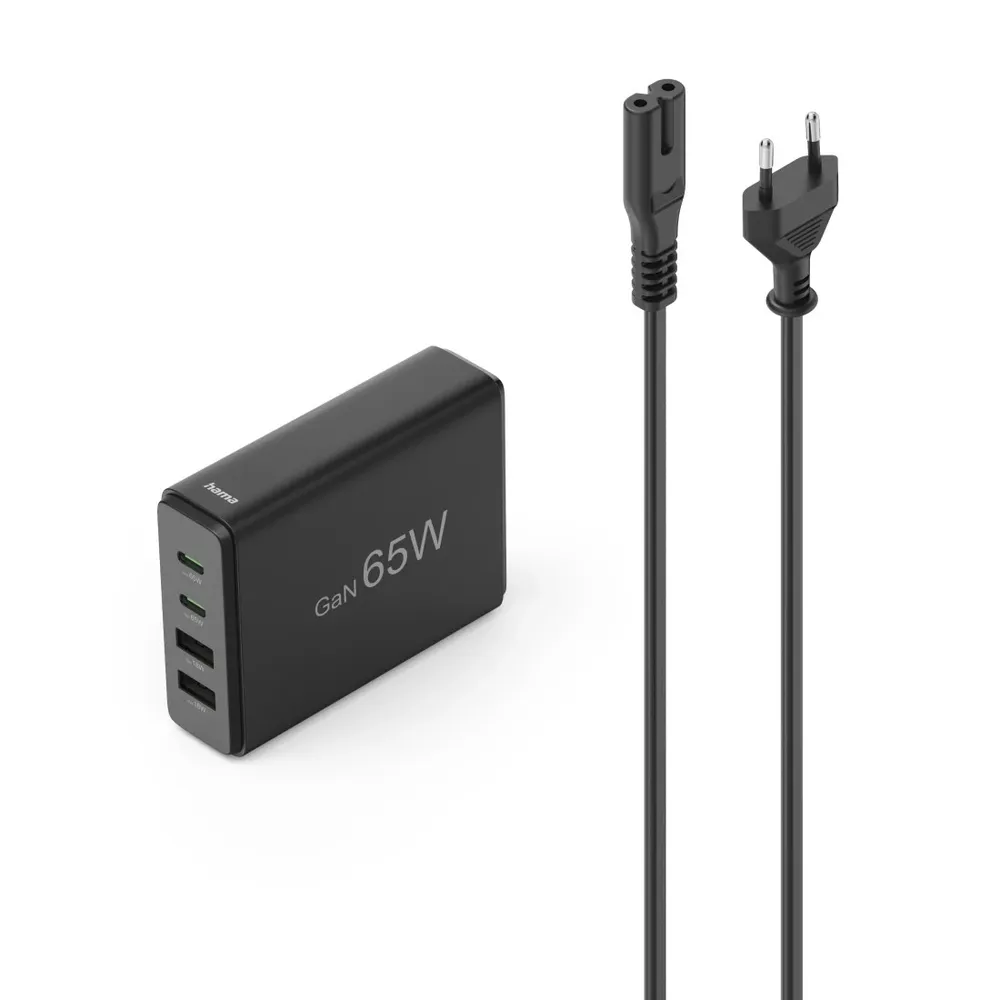 Ladestation 4 Ports, GaN, Schnellladegerät, 2xUSB-C, 2xUSB-A, PD, 65 W, SW (00201979)