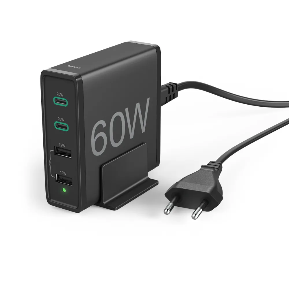 Ladestation 4 Ports, Schnellladegerät, 2x USB-C, 2x USB-A, PD, 60 W, SW (00201628)