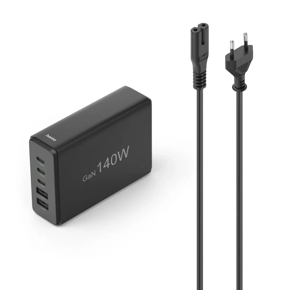 Ladestation 5 Ports, GaN, Schnellladegerät, 3xUSB-C, 2xUSB-A, PD, 140 W, SW (00201978) Laptop-Netzteil