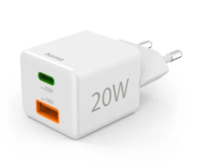 Schnellladegerät, 1x USB-C, 1x USB-A, Mini-Ladegerät, PD, 20 W, Weiß (00201991)