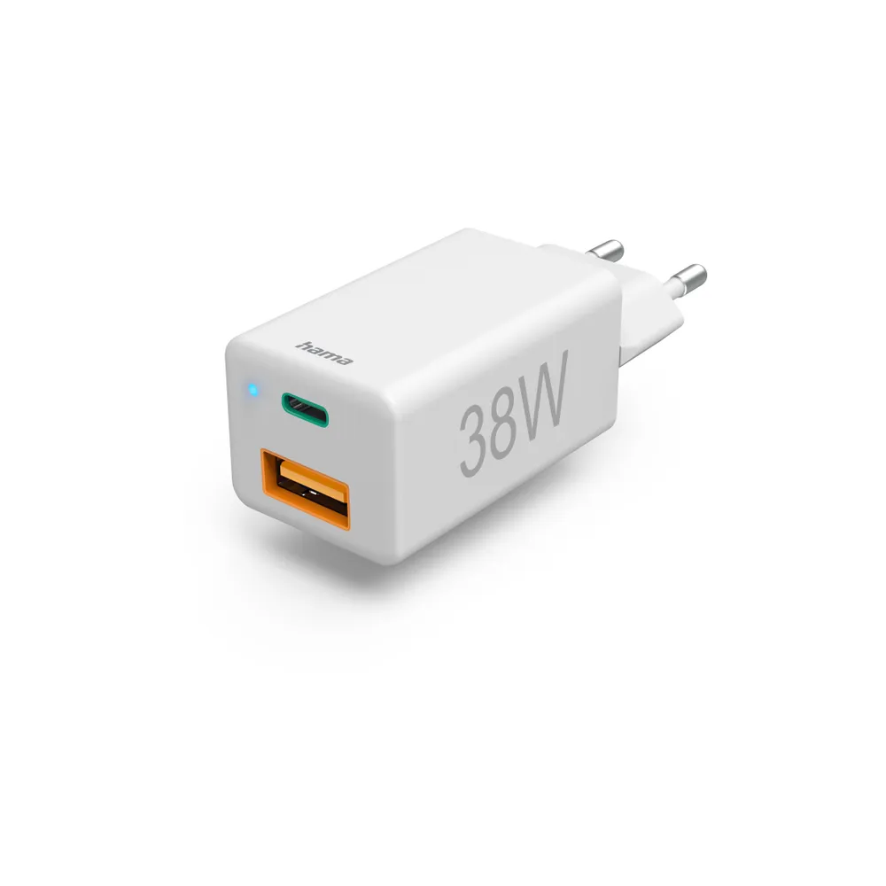 Schnellladegerät, 1x USB-C, 1x USB-A, Mini-Ladegerät, PD, 38 W, Weiß (00201640)