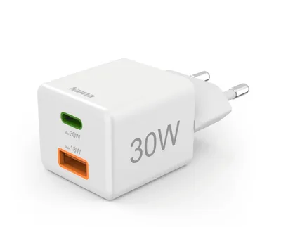Schnellladegerät, 1x USB-C, 1x USB-A, Mini-Ladegerät, PD, 30 W, Weiß (00201992)