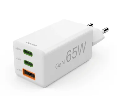 Schnellladegerät, 2x USB-C, 1x USB-A, Mini-Ladegerät, PD, 65 W, Weiß (00201996)