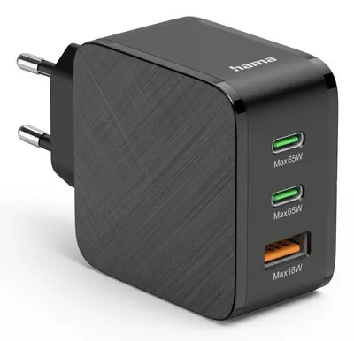 Schnellladegerät, 2x USB-C PD, 1x USB-A QC, 65 W, Schwarz (00201965)