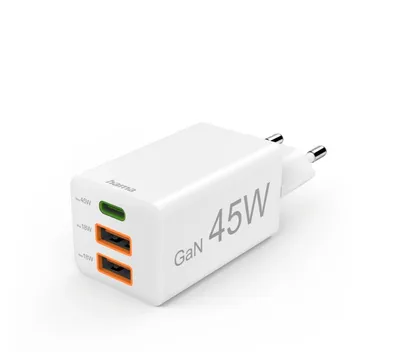 Schnellladegerät, GaN, 1x USB-C, 2x USB-A, Mini-Ladegerät, PD, 45 W, Weiß (00201995)