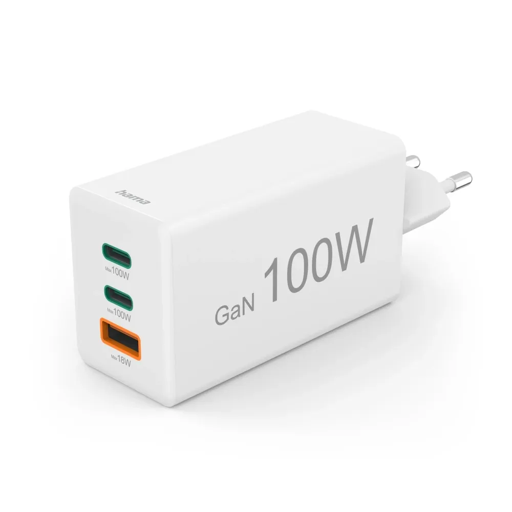 Schnellladegerät, GaN, 2x USB-C, 1x USB-A, Mini-Ladegerät, PD, 100 W, Weiß (00201997)