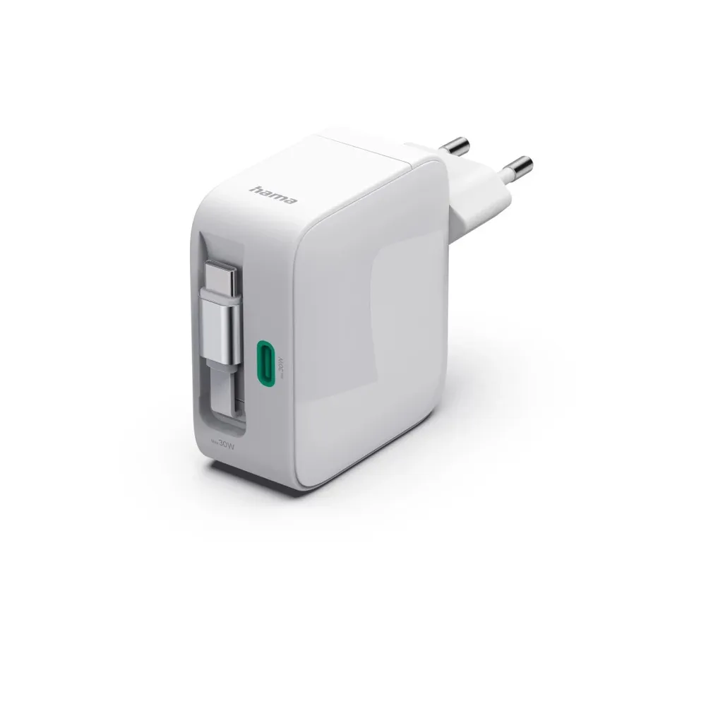 Schnellladegerät, GaN, 2x USB-C, ausziehbares Ladekabel, PD, 30 W, Weiß (00201956)
