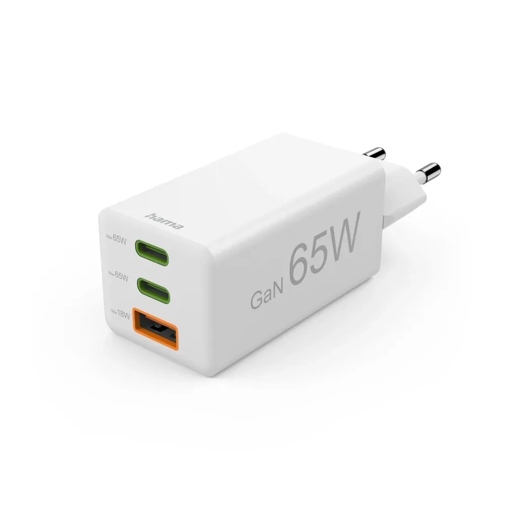 Schnellladegerät, GaN, 2x USB-C PD, 1x USB-A QC, Mini-Ladegerät, 65W, Weiß (00125142)