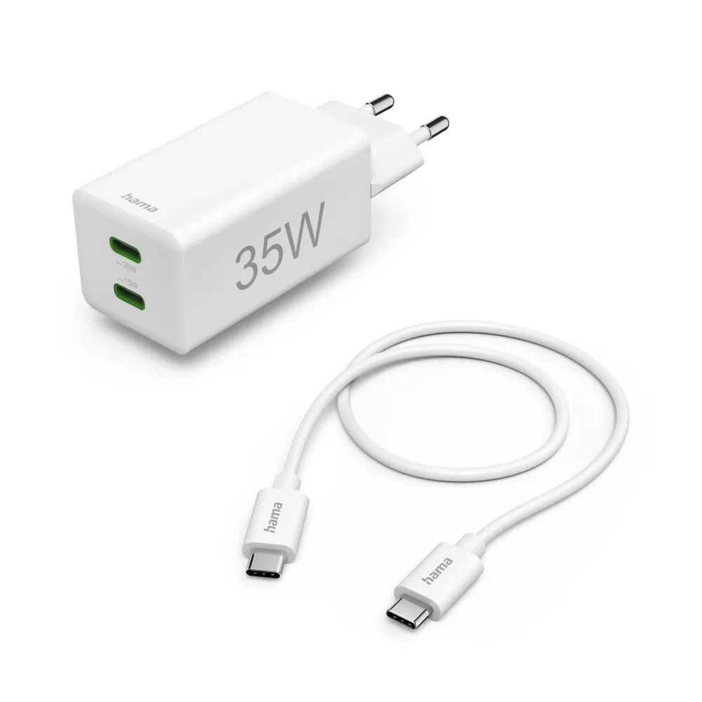 Schnellladegerät + Kabel, 2x USB-C, PD/QC, Mini-Ladegerät, 35W, 1 m, Weiß (00125116)