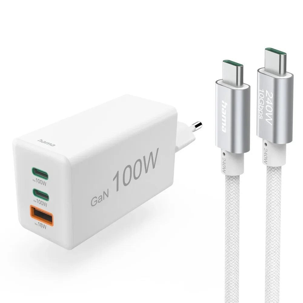 Schnellladegerät mit Ladekabel USB-C, für Laptop, PD, 100 W, 1,5 m, Weiß (00200027)