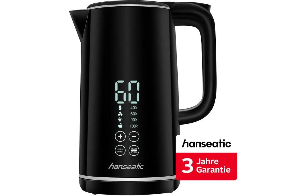 Hanseatic Wasserkocher HWK172200DBD, mit Temperaturvorwahl, 1,7 l, 2200 W, inkl. 3 Jahre Herstellergarantie