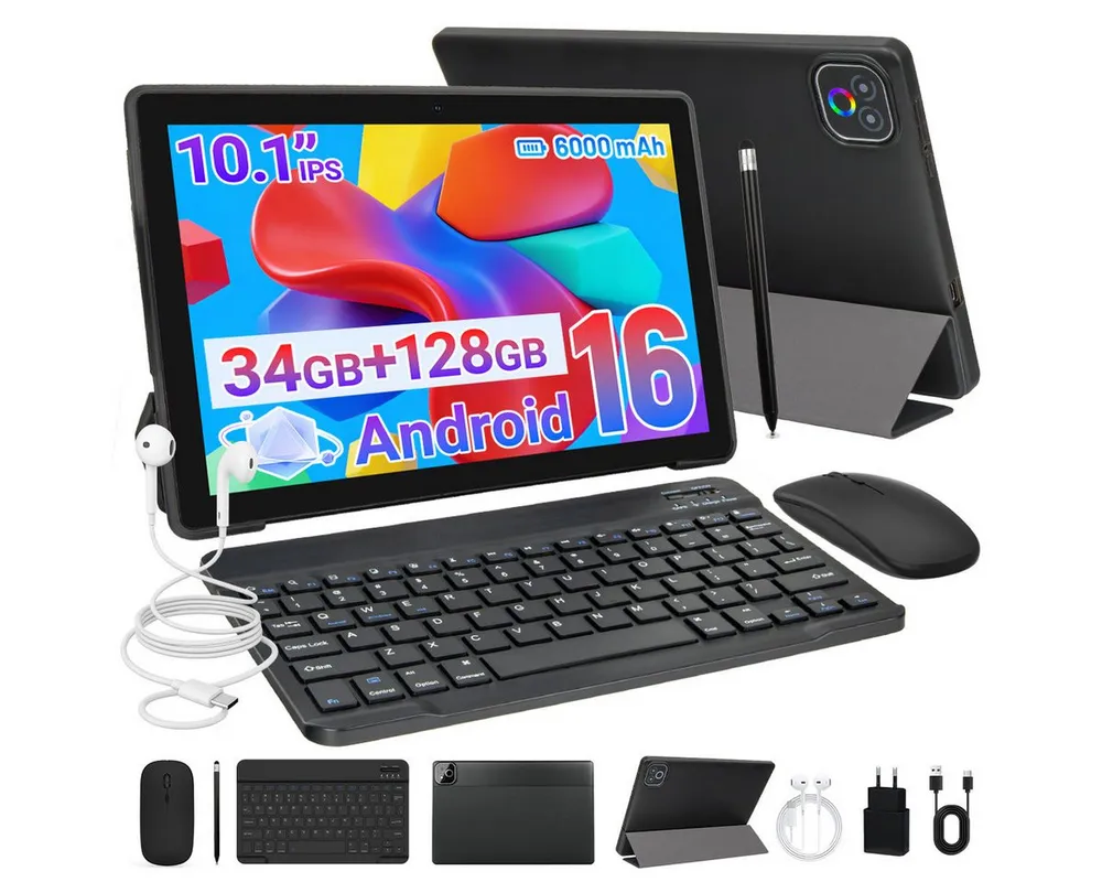Happybe 10,1'' Octa-Core, 6000 mAh, HD 1280x800, 34GB/36GB RAM, 128GB/256GB Tablet (10.1", 128 GB, Android, Android 16, Gemini KI-Assistent, Widevine L1)