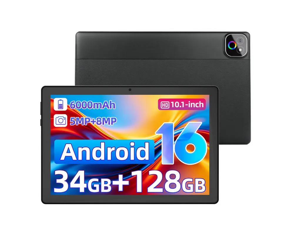 Happybe 10,1'' Octa-Core, 6000 mAh, HD 1280x800, 34GB/36GB RAM, 128GB/256GB Tablet (10.1", 128 GB, Android, Android 16, Gemini KI-Assistent, Widevine L1)