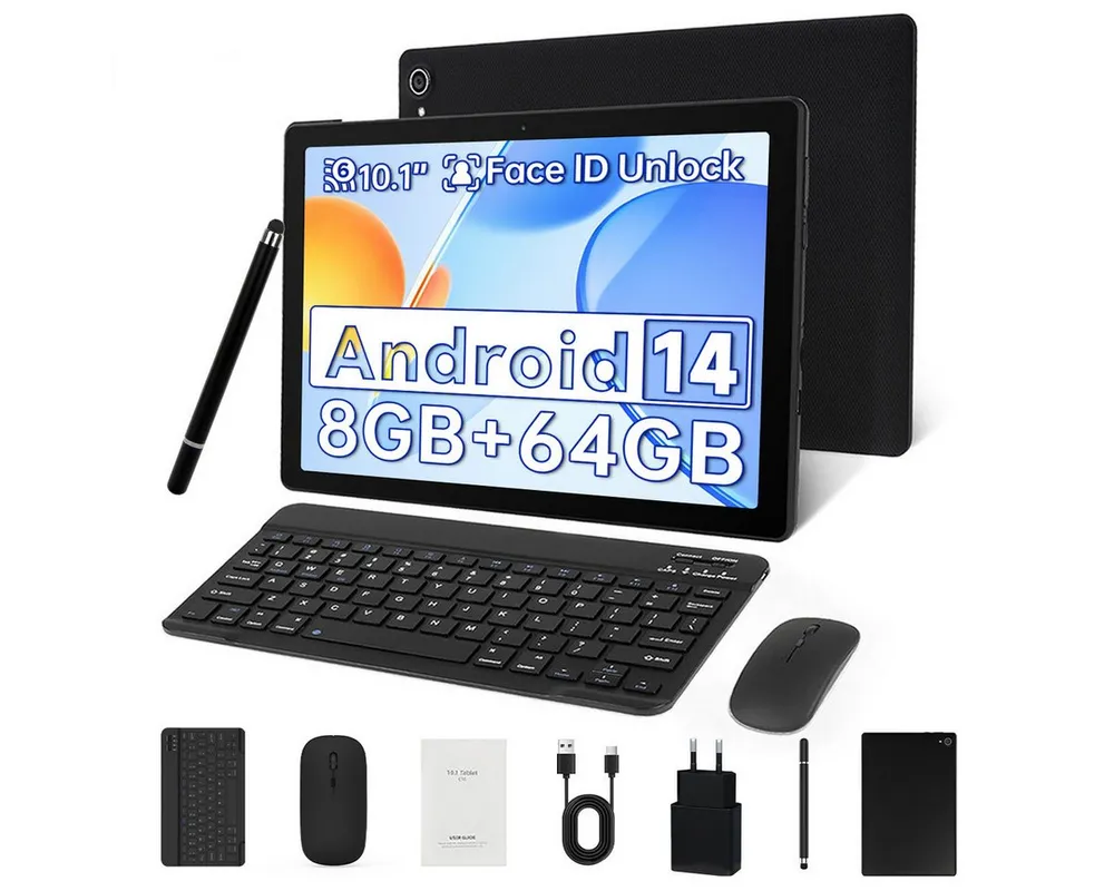 Happybe 10,1 Zoll 64GB, Android 14, HD 1280x800, mit Tastatur, Maus und Stylus Tablet (10", 64 GB, Android, WiFi6, Android 14, 8GB RAM, Widevine L1, Komplettset mit Tastatur/Stift/Maus)
