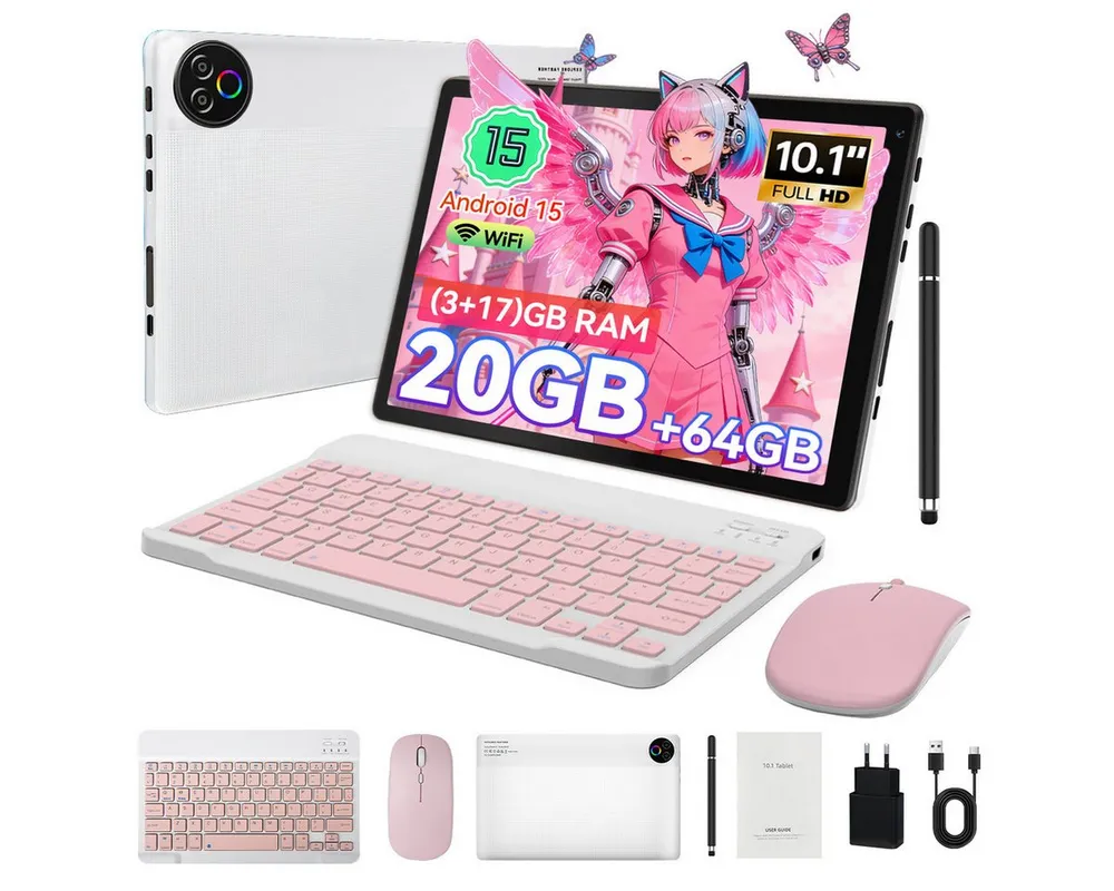 Happybe 10’’ HD Android 15, 20(3+17)GB RAM, 64GB, WiFi6 mit Tastatur und Stift Tablet (10", 64 GB, Android, WiFi6, Großbs Display Tablet mit Stift, Tastatur und Maus, Widevine L1)