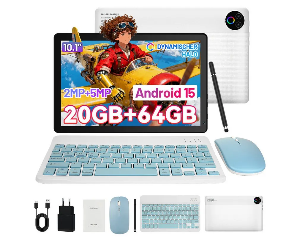 Happybe 10’’ HD Android 15, 20(3+17)GB RAM, 64GB, WiFi6 mit Tastatur und Stift Tablet (10", 64 GB, Android, WiFi6, Großbs Display Tablet mit Stift, Tastatur und Maus, Widevine L1)
