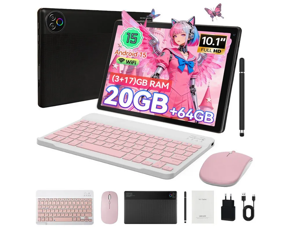 Happybe 10’’ HD Android 15, 20(3+17)GB RAM, 64GB, WiFi6 mit Tastatur und Stift Tablet (10", 64 GB, Android, WiFi6, Großbs Display Tablet mit Stift, Tastatur und Maus, Widevine L1)