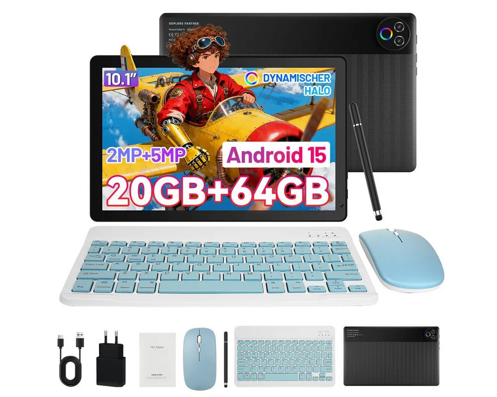 Happybe 10’’ HD Android 15, 20(3+17)GB RAM, 64GB, WiFi6 mit Tastatur und Stift Tablet (10", 64 GB, Android, WiFi6, Großbs Display Tablet mit Stift, Tastatur und Maus, Widevine L1)