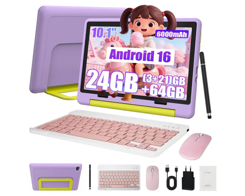 Happybe 10 Zoll 64GB/128GB Android 16 mit Hülle Kindersicherung WLAN Kinder Tablet (10.1", 64 GB, Android, 24(3+21)GB RAM, 6000 mAh)