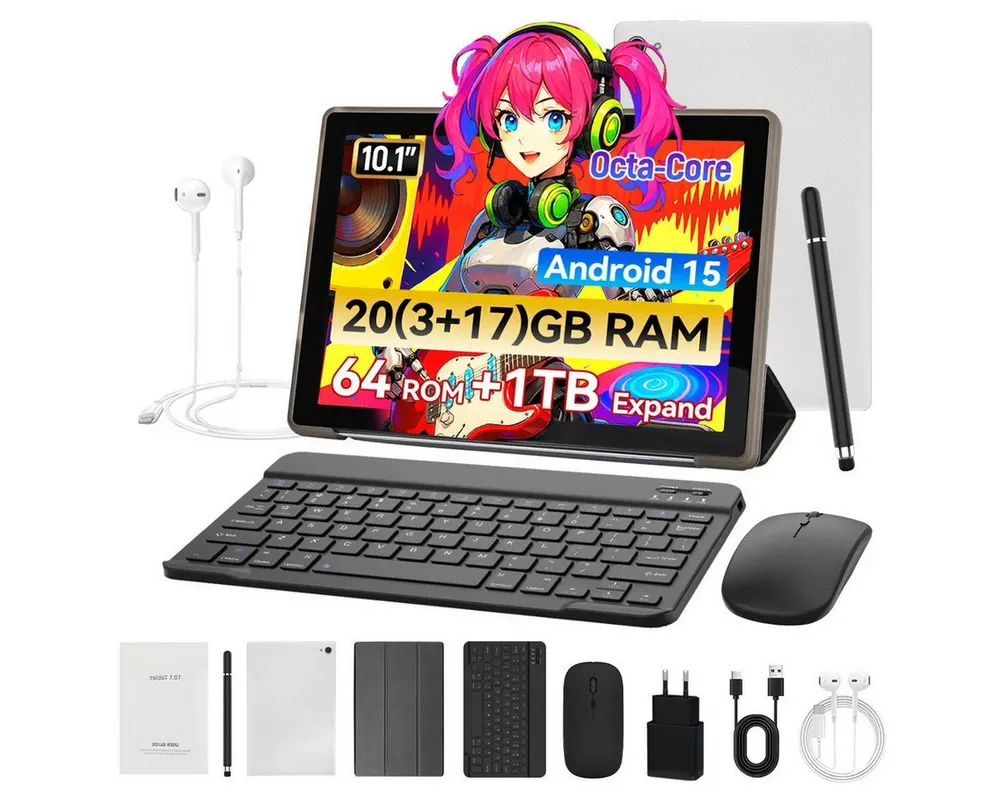 Happybe 10 Zoll, 64GB, Android 15/16, mit Tastatur Hülle Set, WiFi 6, BT 5.4 Tablet (10,1", 64 GB, Android 15, WiFi, Octa-Core, WiFi 6, HD 1280x800, 5000mAh Akku)