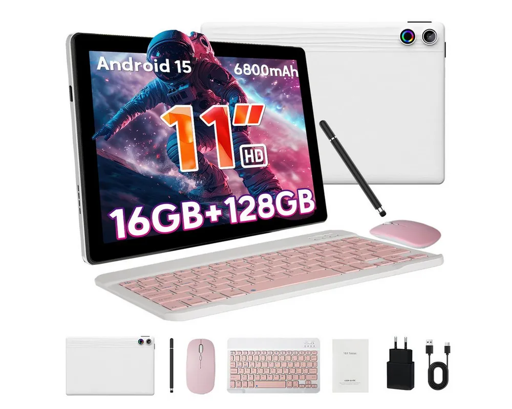 Happybe 11 Zoll Android 15, 128GB 1 TB TF Erweiterbar, HD 1280x800, 6800mAh Tablet (11", 128 GB, Android, 2,4G/5G WiFi, 16(4+12)GB RAM, WiFi 6, Bluetooth 5,3, mit Tastatur, Maus und Stift)
