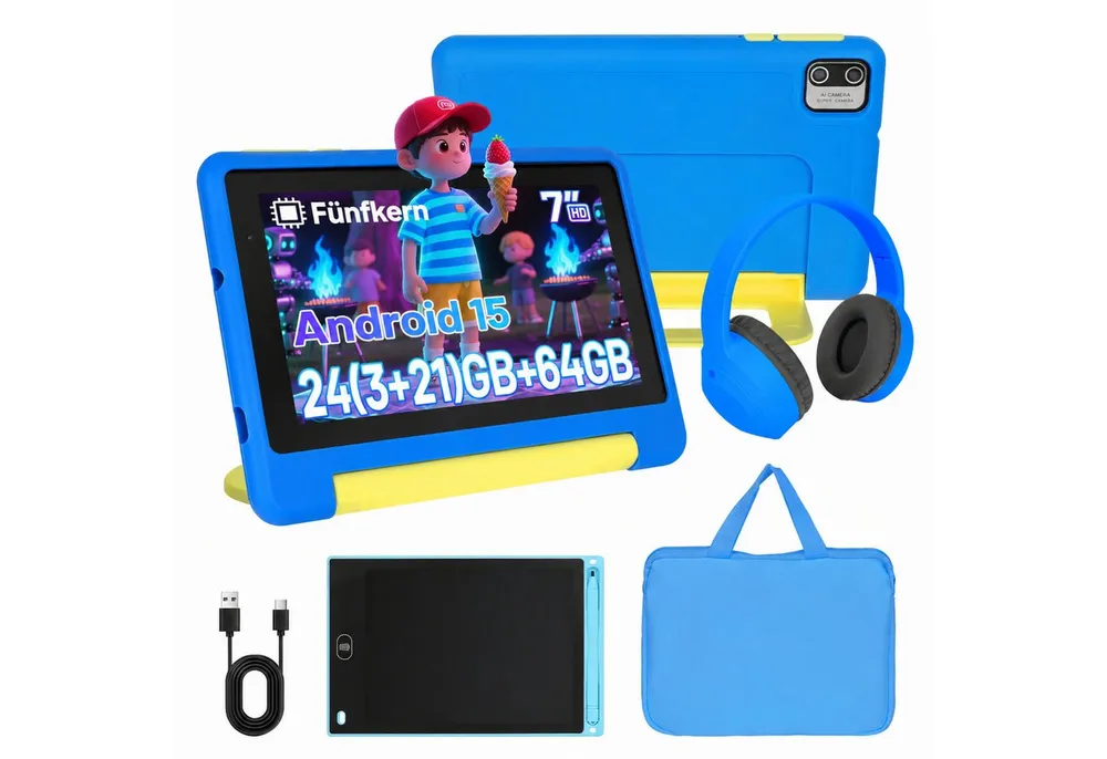 Happybe 7 Zoll 64GB HD-Display mit Schreibtafel, Kopfhörer & Tasche Kinder Tablet (7", 64 GB, Android, Android 15, Vorinstallierte Kindersoftware, Lernen durch Spielen)