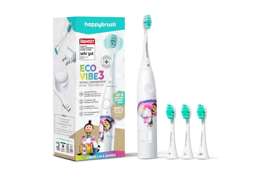 happybrush Elektrische Kinderzahnbürste Eco Vibe 3 Agnes - 100 Tage Probeputzen - 8 Wochen Power Akku, Aufsteckbürsten: 4 St., Eco Vibe 3, 3 individuelle Putz-Modi, Schalltechnologie