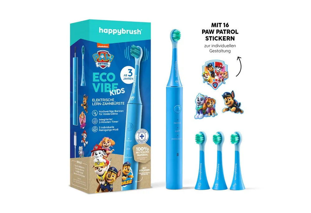 happybrush Elektrische Kinderzahnbürste PawPatrol - 4 Monate Akku - 100 Tage Probeputzen - mit Stickern, Aufsteckbürsten: 4 St., PawPatrol Kinderlernzahnbürste, 16x PawPatrol Sticker, 4 Wochen Akkulaufzeit, 3 Reinigungs-Modi