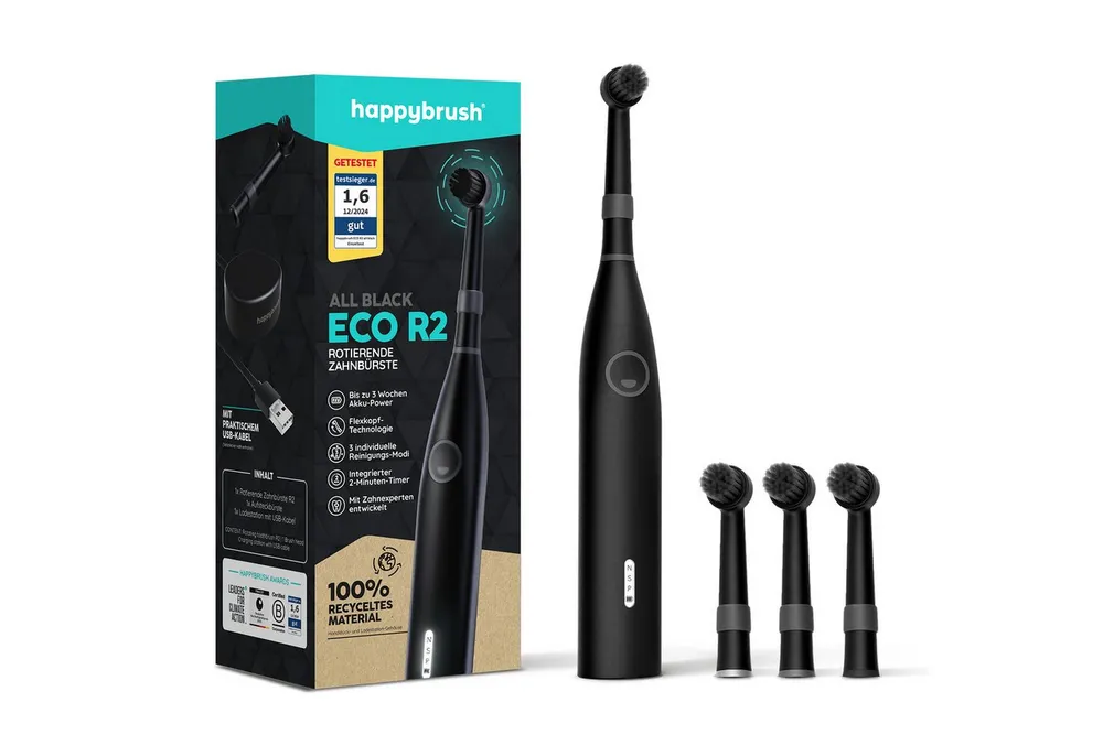happybrush Elektrische Zahnbürste Eco R2 AllBlack - 100 Tage Probeputzen - 3 Wochen Power Akku, Aufsteckbürsten: 4 St., Eco R2, LED-Display, 3 Putzmodi, Soft-Touch, Travel-Lock