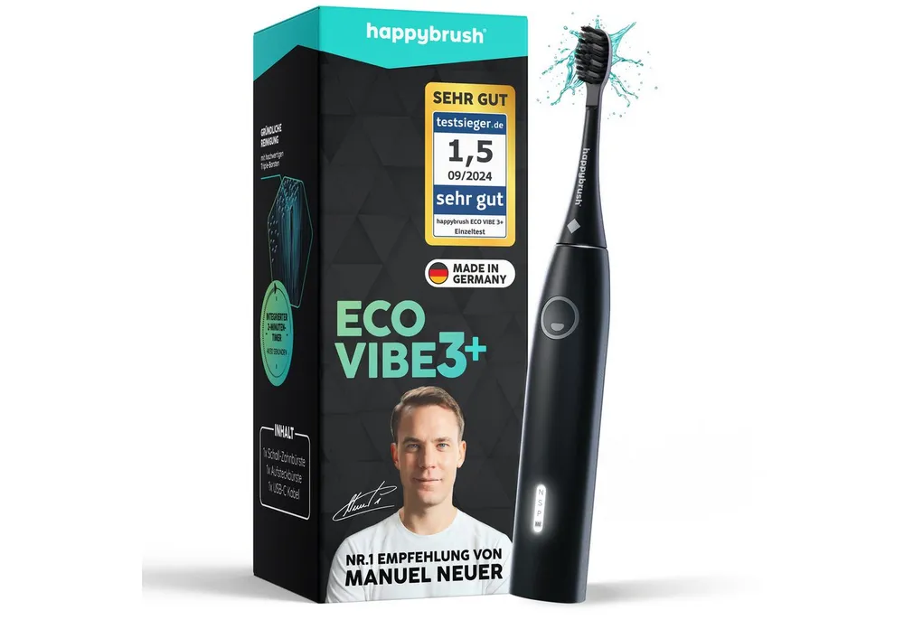 happybrush Schallzahnbürste Eco Vibe 3+ AllBlack - 100 Tage Probeputzen - 8 Wochen Power Akku, Aufsteckbürsten: 1 St., Eco Vibe 3+, 3 individuelle Putz-Modi, Schalltechnologie