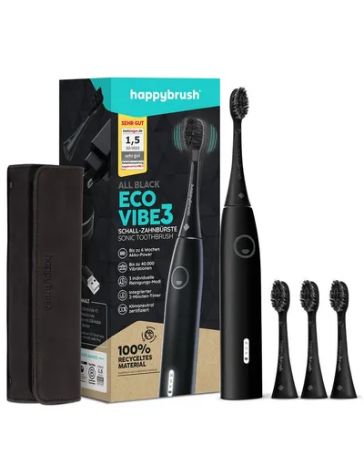 happybrush Schallzahnbürste Eco Vibe 3 AllBlack - TESTSIEGER - 8 Wochen Power Akku, Aufsteckbürsten: 4 St., Eco Vibe 3, 3 individuelle Putz-Modi, Schalltechnologie