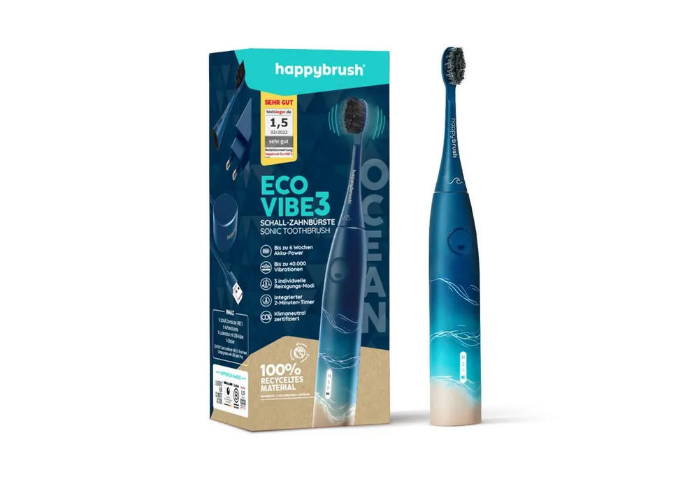 happybrush Schallzahnbürste Eco VIBE 3 Ocean - 100 Tage Probeputzen - 8 Wochen Power Akku, Aufsteckbürsten: 1 St., Eco Vibe 3, 3 individuelle Putz-Modi, Schalltechnologie