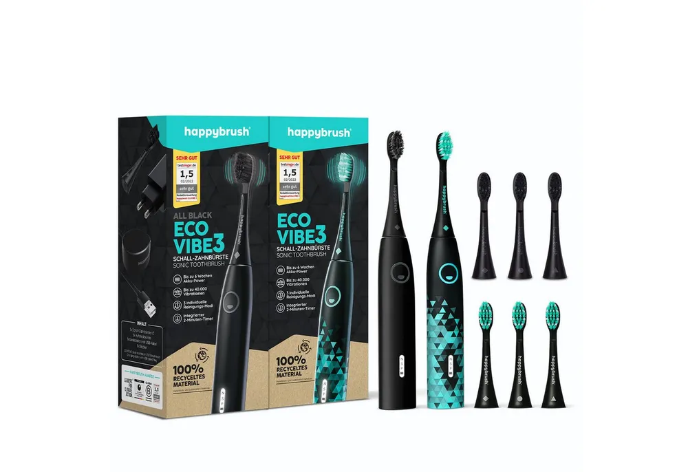 happybrush Schallzahnbürste Eco Vibe 3 Partnerset AllBlack/Black-Mint – TESTSIEGER - 8 Wochen Akku, Aufsteckbürsten: 9 St., Eco Vibe 3, 3 individuelle Putz-Modi, Schalltechnologie